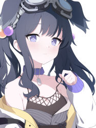 Rule 34 | 1girl, absurdres, animal ears, bare shoulders, black hair, blue archive, blush, breasts, closed mouth, collar, collarbone, dog ears, dog girl, eyewear on head, goggles, goggles on head, hair between eyes, hair ornament, halo, hand up, hibiki (blue archive), highres, jacket, jewelry, jyt, long hair, long sleeves, looking at viewer, medium breasts, nail polish, off shoulder, open clothes, open jacket, purple eyes, purple nails, simple background, solo, twintails, white background