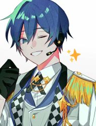 Rule 34 | 1boy, ;), blue eyes, blue hair, earphones, epaulettes, gloves, ka i to0, kaito (vocaloid), male focus, more more jump! kaito, one eye closed, project sekai, smile, solo, sparkle, vocaloid, white background
