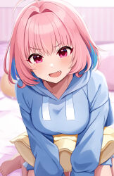 Rule 34 | 1girl, ahoge, barefoot, blue hair, blue hoodie, blurry, blurry background, blush, breasts, commentary, dot nose, fang, food-themed pillow, hair intakes, holding, holding pillow, hood, hood down, hoodie, idolmaster, idolmaster cinderella girls, indoors, large breasts, long sleeves, looking at viewer, medium hair, multicolored hair, open mouth, pillow, pink eyes, pink hair, sakura ran, sitting, smile, solo, symbol-only commentary, two-tone hair, v-shaped eyebrows, yumemi riamu