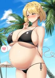 Rule 34 | 1girl, absurdres, azur lane, bikini, black bikini, braid, breasts, brown eyes, cleavage, closed mouth, cloud, collarbone, cowboy shot, curvy, daien, embarrassed, french braid, heart, highres, huge breasts, looking away, outdoors, outie navel, palm tree, pregnant, prince of wales (azur lane), shiny clothes, shiny skin, short hair, sky, solo, speech bubble, standing, string, string of fate, sweat, swimsuit, thick thighs, thighs, tree, umbrella, wide hips