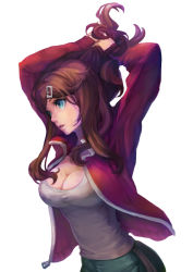 Rule 34 | 1girl, asahina aoi, blue eyes, breasts, brown hair, cardigan, cleavage, danganronpa (series), danganronpa: trigger happy havoc, dark skin, dark-skinned female, grey shirt, hair ornament, hairclip, large breasts, long hair, open cardigan, open clothes, paddybird3, parted lips, ponytail, red sweater, shirt, solo, standing, sweater, tying hair, zipper