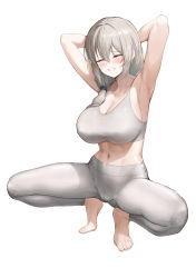 Rule 34 | 1girl, absurdres, armpits, arms behind head, arms up, bare shoulders, blush, breasts, cleavage, closed eyes, collarbone, commentary request, crop top, greem bang, grey hair, grey pants, grey sports bra, grin, hair over shoulder, highres, large breasts, long hair, low tied hair, narrow waist, navel, pants, smile, solo, sports bra, squatting, tight clothes, tight pants, uzaki-chan wa asobitai!, uzaki tsuki, yoga pants