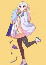 Rule 34 | 1girl, axe, bag, black pantyhose, blue jacket, character name, commentary, earrings, elf, frieren, green eyes, hair ornament, hairclip, hand in pocket, hand up, highres, jacket, jewelry, long hair, long sleeves, looking at viewer, necklace, norikoi, pantyhose, parted lips, pointy ears, potion, shoes, shopping bag, simple background, sleeves past wrists, sneakers, solo, sousou no frieren, staff, sweater, sword, twintails, weapon, white footwear, white hair, yellow background, yellow sweater