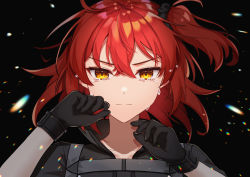 Rule 34 | 1girl, ahoge, black background, black gloves, black scrunchie, black shirt, closed mouth, collared shirt, commentary request, crying, crying with eyes open, fate/grand order, fate (series), fujimaru ritsuka (female), fujimaru ritsuka (female) (polar chaldea uniform), gloves, hair between eyes, hair ornament, hair scrunchie, highres, looking at viewer, orange hair, polar chaldea uniform, scrunchie, shirt, short hair, short sleeves, side ponytail, sidelocks, solo, tearing up, tears, tila 276, yellow eyes