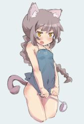 Rule 34 | 1girl, animal ears, apron, blush, bottomless, braid, brown hair, cat ears, cat tail, d:, fang, highres, holding, holding clothes, naked apron, open mouth, original, simple background, solo, spoon, tail, tearing up, tomcat (moconeko), yellow eyes