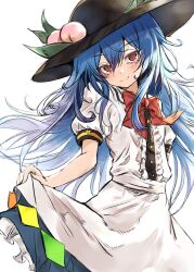Rule 34 | 1girl, black hat, blue hair, blue skirt, blush, buttons, center frills, closed mouth, deal360acv, frilled skirt, frills, fruit hat ornament, hair between eyes, hat, hat ornament, highres, hinanawi tenshi, long hair, looking at viewer, peach hat ornament, rainbow order, red eyes, shirt, short sleeves, simple background, skirt, smile, solo, touhou, white background, white shirt