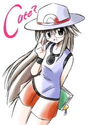 Rule 34 | 00s, 1girl, bespectacled, book, bookmark, brown hair, cowboy shot, creatures (company), english text, game freak, glasses, hat, leaf (pokemon), long hair, nintendo, open book, open mouth, pokemon, pokemon frlg, porkpie hat, rascal (feuille), reading, simple background, smile, solo, white background
