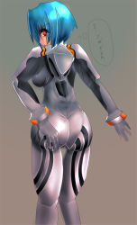 Rule 34 | 1girl, arm behind back, ass, ass grab, ayanami rei, blue hair, bodysuit, covering ass, covering privates, eyelashes, gradient background, grey background, hair between eyes, kneepits, legs together, mitsuya handoru, neon genesis evangelion, plugsuit, red eyes, skin tight, solo, standing, thigh gap, white bodysuit