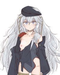 Rule 34 | 1girl, blue eyes, breasts, collarbone, cowboy shot, dhuten, girls&#039; frontline, gloves, grey hair, hair between eyes, hand on own face, highres, leotard, long hair, looking at viewer, messy hair, mod3 (girls&#039; frontline), nipples, off shoulder, one breast out, red gloves, ribeyrolles (girls&#039; frontline), ribeyrolles (mod3) (girls&#039; frontline), simple background, small breasts, solo, thighhighs, white background