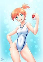 Rule 34 | 1girl, aozame takao, blue background, competition swimsuit, contrapposto, cowboy shot, creatures (company), game freak, gluteal fold, gradient background, gym leader, hand on own hip, looking at viewer, misty (pokemon), nintendo, one-piece swimsuit, open mouth, orange hair, poke ball, poke ball (basic), pokemon, pokemon hgss, print swimsuit, short hair, side ponytail, signature, solo, standing, swimsuit, thighs, white one-piece swimsuit