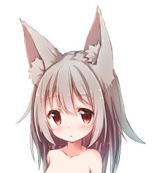 Rule 34 | 1girl, animal ears, bad id, bad twitter id, bare shoulders, blush, brown eyes, collarbone, commentary request, fox ears, grey hair, hair between eyes, long hair, looking at viewer, original, out-of-frame censoring, portrait, simple background, solo, sorairo len, white background