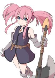 Rule 34 | 1girl, axe, belt, blue eyes, boots, closed mouth, elbow gloves, foot out of frame, gloves, highres, holding, holding axe, long hair, looking at viewer, palan, pink hair, presea combatir, simple background, solo, tales of (series), tales of symphonia, twintails, weapon