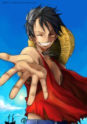 Rule 34 | 1boy, blue sky, cloud, hat, male focus, monkey d. luffy, one piece, open clothes, open vest, outdoors, pirate, red vest, scar, ship, sky, smile, solo, straw hat, teeth, thousand sunny, torn clothes, vest, watercraft, wind