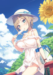 Rule 34 | 1girl, arm support, bag, bare shoulders, blush, breasts, brown hair, cleavage, cloud, contrail, day, dress, flower, food, green eyes, hair ornament, hairclip, hat, highres, holding, large breasts, looking at viewer, open mouth, original, popsicle, see-through, short hair, sitting, sky, solo, sun hat, sundress, sunflower, sunlight, tam-u, watch, white dress, wind