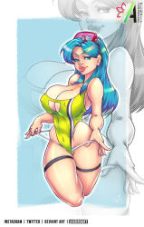 Rule 34 | 1girl, alternate hairstyle, artist request, bare shoulders, blue eyes, blue hair, breasts, clothes pull, covered navel, curvy, diving mask, diving mask on head, dragon ball, dragonball z, facing viewer, female focus, goggles, goggles on head, highleg, highleg swimsuit, jakuro art, large areolae, large breasts, long hair, looking at viewer, maron (dragon ball), matching hair/eyes, naughty face, one-piece swimsuit, one-piece swimsuit pull, parted lips, puffy nipples, seductive smile, shiny skin, skindentation, smile, standing, swimsuit, thick lips, thong, undressing, upper body, zoom layer