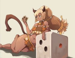 Rule 34 | 1girl, animal ears, barefoot, bell, big hair, blue eyes, blush, bob cut, breasts, card, cat ears, cat tail, choker, cleavage, dark-skinned female, dark skin, dice, ecaflip, full body, highres, long hair, lying, mini person, minigirl, navel, neck bell, on side, oversized object, pelvic curtain, ponytail, solo, tail, thick thighs, thighs, vins-mousseux, wakfu