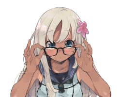 Rule 34 | 1girl, :o, blonde hair, blue eyes, blush, commentary request, crop top, flower, glasses, hair flower, hair ornament, kantai collection, long hair, looking at viewer, one-piece swimsuit, one-piece tan, open mouth, ro-500 (kancolle), school swimsuit, simple background, swimsuit, swimsuit under clothes, tan, tanline, wataro (watawatawatapon)