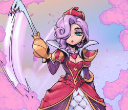Rule 34 | 1girl, :o, breasts, cleavage, commentary, cowboy shot, dress, earrings, green eyes, hair over one eye, heart, heart earrings, heartpiercer fiora, holding, holding sword, holding weapon, jewelry, large breasts, layered sleeves, league of legends, long sleeves, looking at viewer, medium hair, official alternate costume, phantom ix row, pink hair, puffy short sleeves, puffy sleeves, red dress, red headwear, short over long sleeves, short sleeves, simple background, sword, symbol-only commentary, weapon, white background