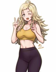 Rule 34 | 1girl, ahoge, alternate costume, blonde hair, breasts, commission, fire emblem, fire emblem fates, grey eyes, highres, large breasts, long hair, nintendo, one eye closed, open mouth, ophelia (fire emblem), pants, rotomdocs, sports bra, yellow sports bra, yoga pants