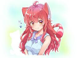 Rule 34 | 1girl, ahoge, animal ear fluff, animal ears, blue shirt, blush, breasts, brown eyes, brown hair, cat ears, cat girl, cat tail, closed mouth, commentary request, cropped torso, fang, hair between eyes, highres, icorasama, kemonomimi mode, large breasts, long hair, looking at viewer, machikado mazoku, partial commentary, paw print, shirt, sidelocks, simple background, sleeveless, sleeveless shirt, slit pupils, smile, split mouth, striped tail, tail, tareme, translated, upper body, yoshida yuuko (machikado mazoku)
