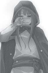 Rule 34 | 1girl, ayakura juu, blush, cape, crying, crying with eyes open, from below, greyscale, holo, hood, hooded, long hair, monochrome, novel illustration, official art, simple background, solo, spice and wolf, standing, tears, upper body, white background