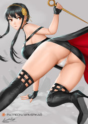 Rule 34 | 1girl, ariverkao, arm support, ass, black dress, black gloves, black hair, black thighhighs, boots, cameltoe, choker, dagger, dress, fingerless gloves, frilled panties, frills, gloves, gold hairband, grey background, hairband, high heels, holding, holding weapon, knife, leaning forward, looking back, panties, patreon username, red eyes, serious, sidelocks, signature, solo, spy x family, stiletto (weapon), stiletto heels, thigh boots, thighhighs, thighs, twintails, underwear, weapon, white panties, yor briar