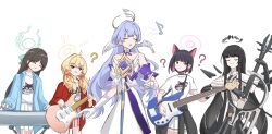 Rule 34 | 5girls, ?, ??, ^ ^, airi (band) (blue archive), airi (blue archive), animal ears, arknights, bass guitar, black choker, black eyes, black gloves, black hair, black jacket, blonde hair, blue archive, blue jacket, blunt bangs, bob cut, bracelet, broken halo, cat ears, choker, closed eyes, clothes around waist, collarbone, colored inner hair, commentary, confused, crossover, detached sleeves, detached wings, elbow gloves, electric guitar, english commentary, extra ears, feathered wings, fender jazz bass, fender stratocaster, gloves, guitar, hair ribbon, halo, head wings, highres, holding, holding instrument, honkai: star rail, honkai (series), instrument, jacket, jacket around waist, jewelry, kazusa (band) (blue archive), kazusa (blue archive), keyboard (instrument), long hair, mask, microphone, microphone stand, mouth mask, multicolored hair, multiple crossover, multiple girls, music, musical note, official alternate costume, official alternate hairstyle, open clothes, open jacket, parted bangs, playing instrument, print shirt, purple hair, red eyes, red jacket, ribbon, robin (honkai: star rail), shirt, short hair, short sleeves, sidelocks, simple background, singing, skirt, smile, surgical mask, t-shirt, toyyot, tress ribbon, two-tone hair, virtuosa (arknights), white background, white gloves, white shirt, white skirt, wings, yoshimi (band) (blue archive), yoshimi (blue archive)
