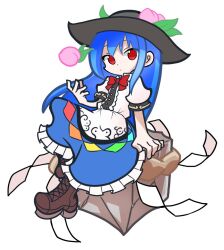 Rule 34 | 1girl, black headwear, blue hair, blue skirt, bow, bowtie, brown footwear, center frills, closed mouth, cross-laced footwear, food, frills, fruit, full body, hinanawi tenshi, keystone, leaf, long hair, looking at viewer, peach, puyopuyo, rainbow order, red bow, red bowtie, red eyes, shinmon akika, shirt, short sleeves, simple background, sitting, skirt, solo, touhou, white background, white shirt