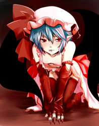 Rule 34 | 1girl, all fours, bare shoulders, bat wings, blue hair, blush, boots, bow, breasts, claws, dearmybrothers, downblouse, elbow gloves, female focus, fingerless gloves, fingernails, flat chest, garter straps, gloves, hat, hat bow, high heels, highres, licking lips, long fingernails, nail polish, naughty face, nipple slip, nipples, pointy ears, red eyes, remilia scarlet, sharp fingernails, shoes, short hair, solo, thigh boots, thighhighs, tongue, tongue out, touhou, wings