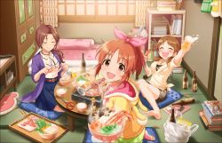 Rule 34 | 10s, 3girls, ^ ^, abe nana, alcohol, artist request, barefoot, beef, beer, belt, blush, bookshelf, bottle, bowl, bracelet, breasts, chopsticks, cleavage, closed eyes, collarbone, cup, drinking glass, earrings, feet, food, futon, glass, holding, holding bowl, holding cup, holding drinking glass, holding food, hotpot, idolmaster, idolmaster cinderella girls, idolmaster cinderella girls starlight stage, indoors, jacket, jewelry, katagiri sanae, kawashima mizuki, lobster, long hair, long sleeves, looking at viewer, low-tied long hair, magazine (object), meat, multiple girls, mushroom, necklace, official art, open mouth, ponytail, rice bowl, scissors, shiitake, short sleeves, sitting, sitting on pillow, skirt, smile, spoon, steam, table, toeless legwear, toes, twintails, wardrobe, yellow jacket