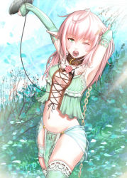 Rule 34 | 1girl, arm behind head, armpits, arms up, bdsm, bondage, bound, branch, breasts, breasts apart, chain, collar, cowboy shot, cross-laced clothes, earbuds, earphones, elbow gloves, elf, flower, gloves, green eyes, green thighhighs, hair ornament, hairclip, handheld game console, highres, holding, hoshibuchi, leaf, leash, loincloth, long hair, midriff, nature, navel, no bra, one eye closed, open mouth, original, pink hair, playstation portable, pointy ears, rose, see-through, slave, sleepy, solo, stretching, thighhighs, wink, yawning