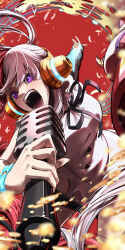 Rule 34 | 1girl, absurdres, asymmetrical sleeves, behind-the-head headphones, black ribbon, cowboy shot, dress, feathers, hair rings, headphones, highres, holding, holding microphone, microphone, multicolored hair, music, musical note, one piece, one piece film: red, open mouth, outstretched arms, purple eyes, red background, ribbon, screaming, singing, solo, split-color hair, staff (music), taiju (gr09kuma), teeth, uta (one piece), vintage microphone, white dress