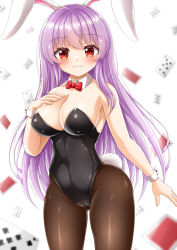 Rule 34 | 1girl, :3, animal ears, bare shoulders, black dress, blush, bow, bowtie, breasts, brown pantyhose, buttons, card, closed mouth, dress, eyes visible through hair, hair between eyes, hand on own chest, hand up, highres, large breasts, leotard, long hair, looking at viewer, pantyhose, playboy bunny, purple hair, rabbit ears, rabbit tail, red bow, red bowtie, red eyes, reijing etrn, reisen udongein inaba, smile, solo, standing, tail, touhou, white background, wrist cuffs