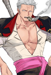 Rule 34 | 1boy, alternate costume, bara, cigar, cowboy shot, facial hair, goatee, highres, large pectorals, male focus, mature male, muscular, muscular male, nine hundred, one piece, pectoral cleavage, pectorals, scar, scar on face, short hair, sideways glance, smoker (one piece), smoking, solo, stitches, stubble, tsurime, v-taper, weapon behind back, white background, white hair