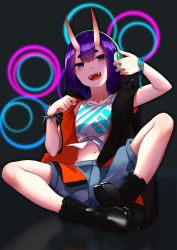 Rule 34 | 1girl, :d, absurdres, alternate costume, armlet, bare legs, black footwear, black vest, blue shorts, blush, boots, commentary request, crop top, fangs, fate/grand order, fate (series), full body, hair between eyes, hands up, happy, headphones, highres, hood, hood down, hooded vest, hoodie, horns, knees apart feet together, knees up, looking at viewer, midriff, oni, open clothes, open mouth, open vest, punkish gothic, purple eyes, purple hair, short hair, short shorts, shorts, shuten douji (fate), sitting, smile, solo, spiked armlet, vest, wo chi xiangjiao pi
