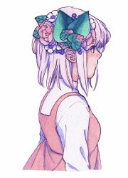 Rule 34 | 1girl, cropped torso, flower, from side, hair flower, hair ornament, leaf, meyoco, original, pink flower, pink hair, profile, short hair, simple background, solo, traditional media, upper body, watermark, white background, white flower