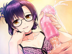 Rule 34 | 1girl, artificial vagina, artist request, black hair, bra, censored, character request, choker, cum, ejaculation, game cg, glasses, handjob, penis, sex toy, source request, tagme, underwear, yellow eyes