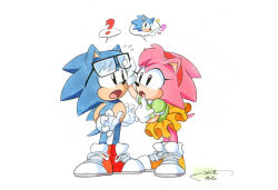 Rule 34 | 1boy, 1girl, ?, classic amy rose, dated, finik, furry, furry female, furry male, glasses, gloves, green shirt, highres, open mouth, orange skirt, shirt, shoes, simple background, skirt, sonic (series), sonic the hedgehog, sonic the hedgehog (classic), speech bubble, white background, white gloves