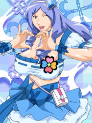 Rule 34 | 1girl, aono remi, blue eyes, blue hair, blue skirt, breasts, cleavage, cosplay, cure berry, cure berry (cosplay), drill hair, female focus, fresh precure!, hair ornament, heart, heart hair ornament, heart hands, looking at viewer, magical girl, matching hair/eyes, midriff, mature female, one eye closed, precure, skirt, solo, tetsukui, wink