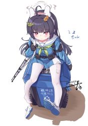 Rule 34 | 1girl, absurdres, ahoge, animal ears, arrow (symbol), belt, black gloves, black hair, blue archive, blue shirt, blue skirt, blush, chousetsu (chongvon), commentary request, fake animal ears, female focus, from above, full body, gloves, gun, highres, leaf, leaf on head, legs, legs up, long hair, looking at viewer, looking up, miyu (blue archive), pantyhose, pouch, rabbit ears, recycle bin, recycling symbol, red eyes, rifle, school uniform, serafuku, shirt, shoes, simple background, single shoe, skirt, solo, thighs, weapon, white background, white footwear, white pantyhose