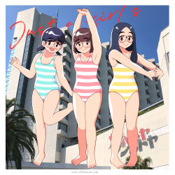 Rule 34 | 1girl, 3girls, absurdres, aragon honnin, arms up, barefoot, black-framed eyewear, black hair, blue eyes, blue one-piece swimsuit, blush, bob cut, breasts, cleavage, closed mouth, collar, collarbone, freckles, glasses, highres, looking at viewer, low twintails, multicolored clothes, multicolored swimsuit, multiple girls, one-piece swimsuit, open mouth, original, parted bangs, pink one-piece swimsuit, round eyewear, short hair, short twintails, small breasts, smile, solo, stretching, striped clothes, striped one-piece swimsuit, swept bangs, swimsuit, twintails, white one-piece swimsuit, yellow one-piece swimsuit
