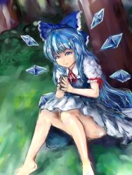 Rule 34 | 1girl, alternate hair length, alternate hairstyle, barefoot, blue dress, blue eyes, blue hair, blue nails, bow, cirno, dress, eyelashes, faux traditional media, female focus, grass, hair bow, knees up, lips, long hair, looking at viewer, matching hair/eyes, nail polish, own hands together, ribbon, short sleeves, sitting, smile, solo, touhou, tree, txoxsxhxi