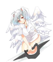 Rule 34 | 1girl, angel chromosome xx, closed mouth, looking at viewer, multiple wings, neon genesis evangelion, rattorun, red eyes, short twintails, silver hair, simple background, smile, sword, tabris-xx, twintails, weapon, white background, wings