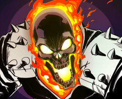 Rule 34 | 1boy, face, fire, flaming skull, ghost rider, glowing, glowing eyes, glowing mouth, male focus, marvel, no pupils, shoulder pads, skull, solo, spacezin, spikes