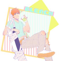 Rule 34 | 1boy, absurdres, belt, bleach, blue shirt, brown eyes, copyright name, crossed legs, cup, disposable cup, hand on weapon, highres, holding, holding cup, kurosaki ichigo, looking at viewer, male focus, midriff peek, nanoli21, navel, orange belt, orange hair, pants, pink pants, planted, planted sword, planted weapon, shirt, shoes, short sleeves, sitting, smile, solo, spiked hair, sword, t-shirt, torn clothes, torn pants, weapon, zangetsu (shikai), zanpakutou