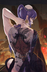 Rule 34 | 1girl, ass, back, back tattoo, blush, bun cover, commentary, commission, double bun, earrings, english commentary, fire, from behind, full-body tattoo, hair bun, hannya, highres, jewelry, jhony caballero, long hair, looking at viewer, looking back, nose, off shoulder, oni, original, ponytail, purple hair, see-through, solo, tattoo