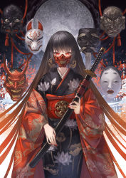 Rule 34 | 1girl, black hair, building, earrings, floating, floating object, fox mask, gradient hair, highres, holding, holding sword, holding weapon, japanese clothes, jewelry, kimono, long hair, long sleeves, makai no juumin, mask, moon, mouth mask, multicolored hair, nail polish, noh mask, obi, oni mask, orange hair, original, red eyes, red nails, sash, sheath, sheathed, solo, sword, weapon