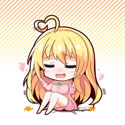 Rule 34 | 1girl, absurdres, ahoge, blonde hair, blush stickers, breasts, chibi, closed eyes, commentary request, drooling, gradient background, hair between eyes, hair down, hamidashi creative, hands up, heart, heart ahoge, highres, izumi hiyori, knees up, large breasts, long hair, long sleeves, motion lines, mouth drool, open mouth, pajamas, pink pajamas, simple background, sitting, smile, solo, tamayuki7519, very long hair, white background