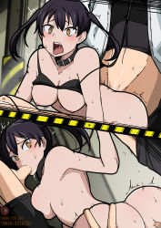 Rule 34 | 1girl, 3boys, absurdres, ahegao, ass, ass grab, belt collar, black bra, black hair, blush, bra, bra lift, breasts, breasts out, buckle, collar, collarbone, comic, crop top, doggystyle, double penetration, en&#039;en no shouboutai, eyebrows, facing viewer, fellatio, from behind, girl on top, hetero, highres, large breasts, leash, long hair, looking at viewer, looking back, mark gavatino, medium breasts, multiple boys, nipples, nude, open mouth, oral, penis, saliva, sex, sex from behind, solo focus, strap slip, sweat, tamaki kotatsu, tears, teeth, tongue, tongue out, trembling, twintails, uncensored, underwear, upper teeth only, yellow eyes