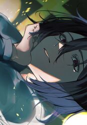 Rule 34 | 1boy, artist name, black hair, bungou stray dogs, fyodor dostoyevsky (bungou stray dogs), hair between eyes, hand on own chin, light, long sleeves, looking at viewer, male focus, parted lips, red eyes, sen bsd89, short hair, solo, upper body